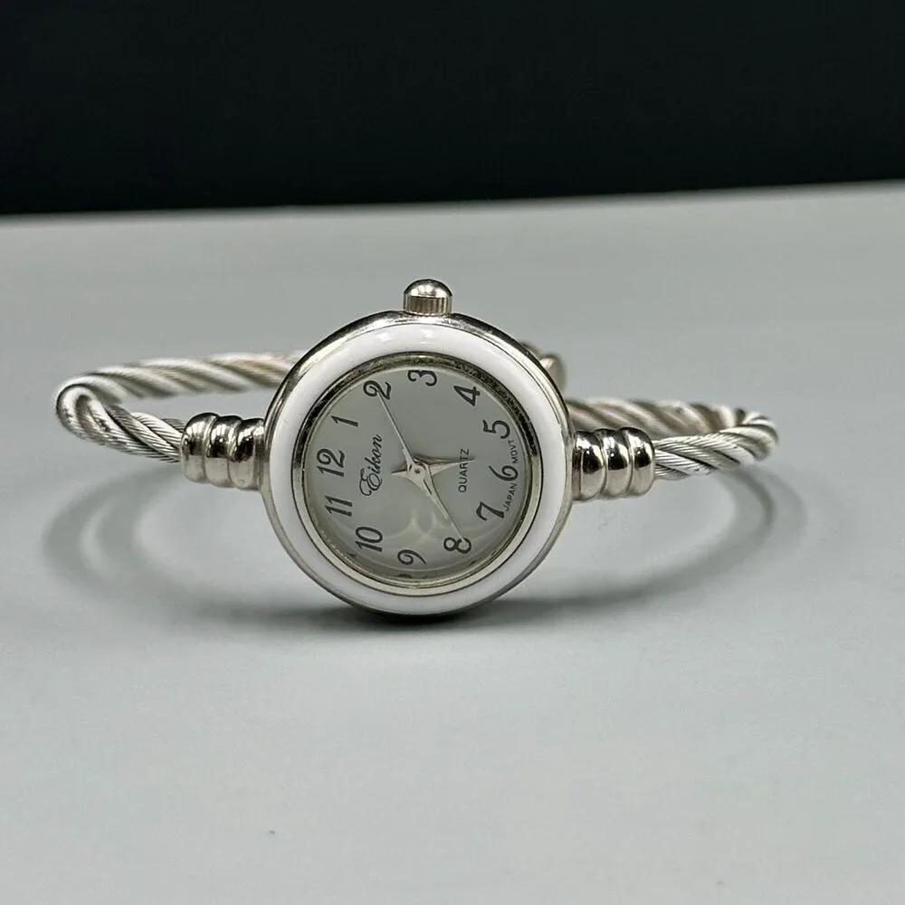 Eikon Watch Womens Silver Tone White Twisted Cable Band New Battery 6.25